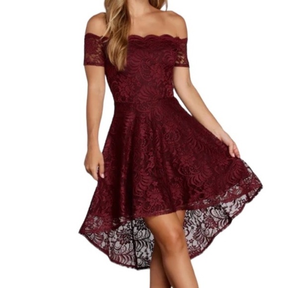 Windsor Nights Out burgundy lace off shoulder dress prom formal high low Size XS - Picture 1 of 7